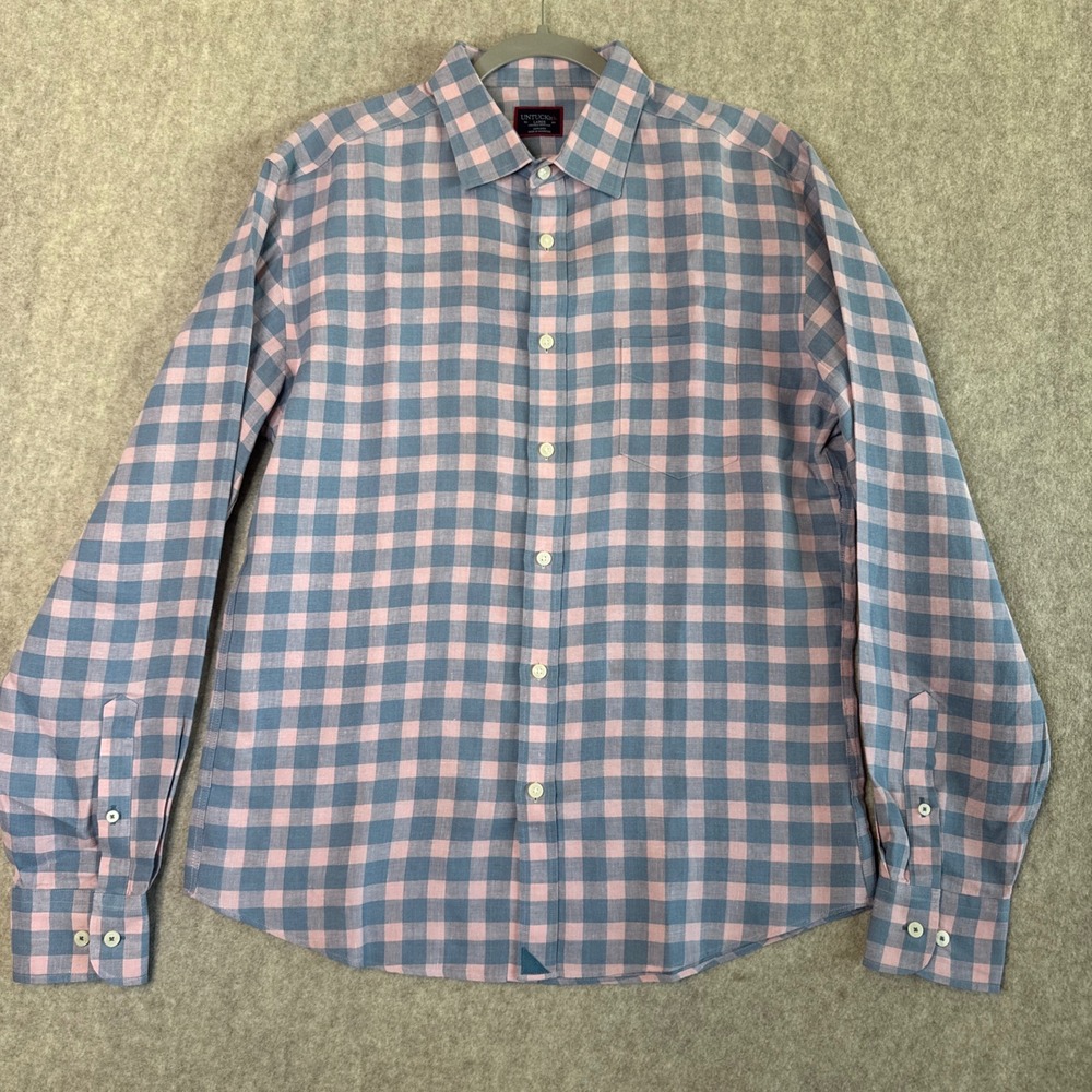 UNTUCKit 100% Linen Shirt Mens L Pink Blue Gingham Wrinkle Resistant Regular Fit